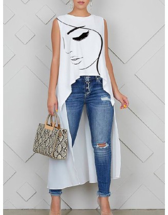 Figure Printed High-Low Sleeveless Round-Neck Vest Top