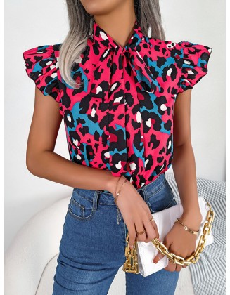 Leopard Cap Sleeve Loose Statement Collar Vest Top