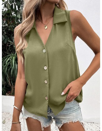 Buttoned Solid Color Split-Joint Loose Sleeveless V-neck Vest Top