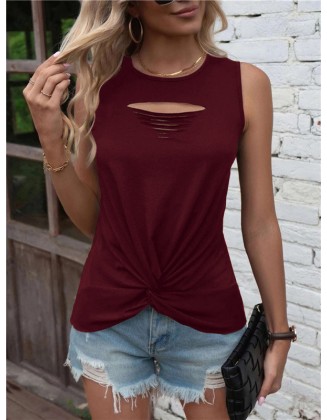 Hollow Knot Pleated Solid Color Sleeveless Round-Neck Vest Top