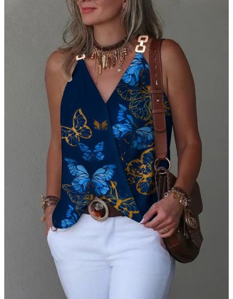 Butterfly Print Split-Joint Sleeveless V-Neck Vest Top