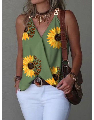 Flower Print Split-Joint Sleeveless V-Neck Vest Top