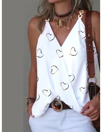 Heart Print Split-Joint Sleeveless V-Neck Vest Top