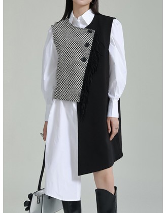 Asymmetric Buttoned Houndstooth Sleeveless Vest Outerwear