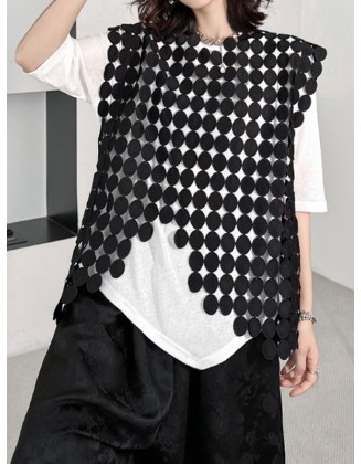 Hollow Solid Color Split-Joint Irregular Clipping Loose Round-Neck Vest Top