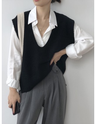 Knitting Irregularity Solid V-Neck Vest