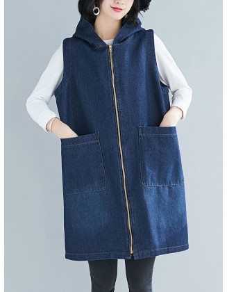 Casual Zipper Sleeveless Denim Vest Hooded Outerwear