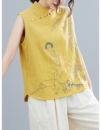 Artistic Retro Chinese-Style Printed Buttoned Stand Collar Sleeveless Vest