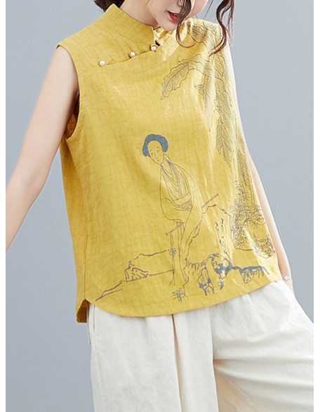 Artistic Retro Chinese-Style Printed Buttoned Stand Collar Sleeveless Vest