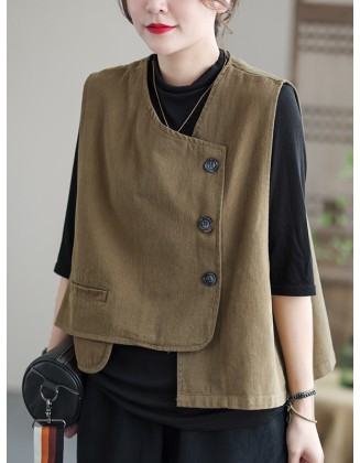 Vintage Asymmetric Solid Color Buttoned Vest Top