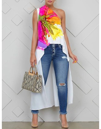 Asymmetric Floral Printed Split-Joint High-low Loose One-shoulder Vest Top