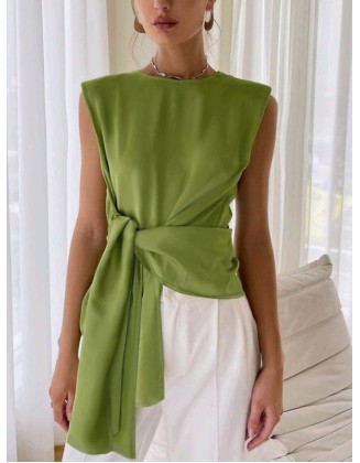 Loose Sleeveless Asymmetric Knot Solid Color Round-Neck Vest Top