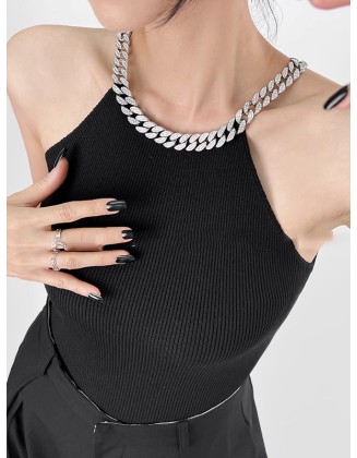 Chains Rhine Stones Split-Joint Skinny Sleeveless Halter-Neck Vest Top